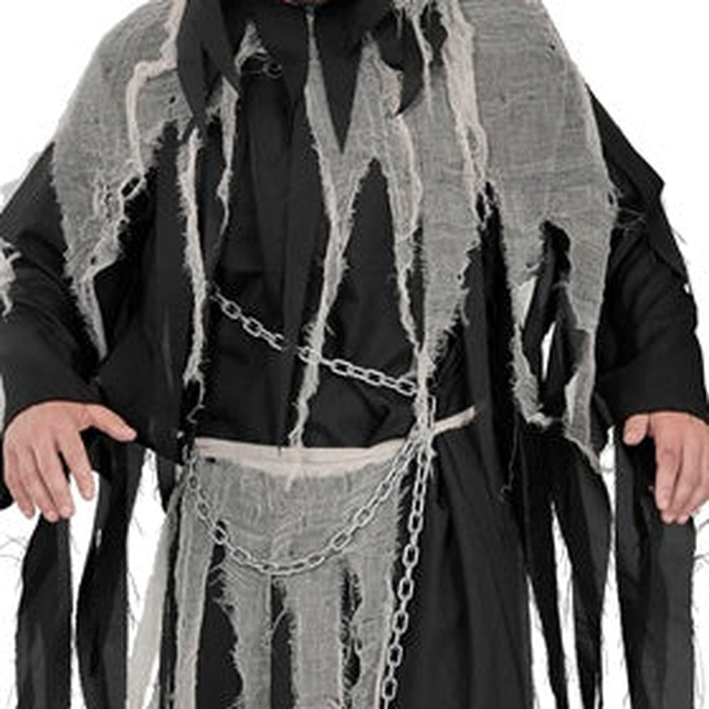 Man wearing black reaper costume with gray tattered gauze and chain belt | Chaps London