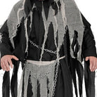 Man wearing black reaper costume with gray tattered gauze and chain belt | Chaps London