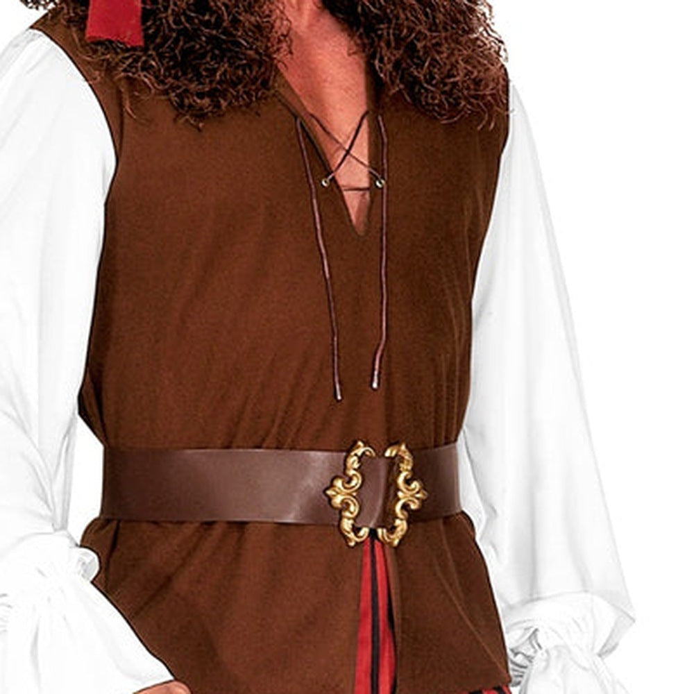 Man wearing brown vest with lace-up front and ornate belt buckle | Chaps London