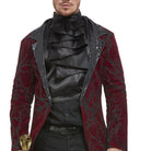 Man wearing burgundy velvet jacket with black ruffled cravat and gray pattern | Chaps London