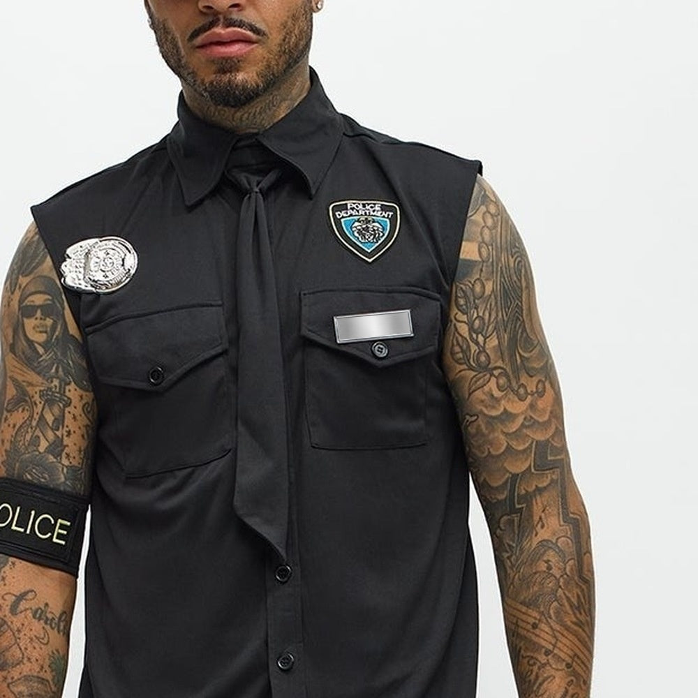 Black sleeveless police costume shirt with tie and badge, worn by model | Chaps London