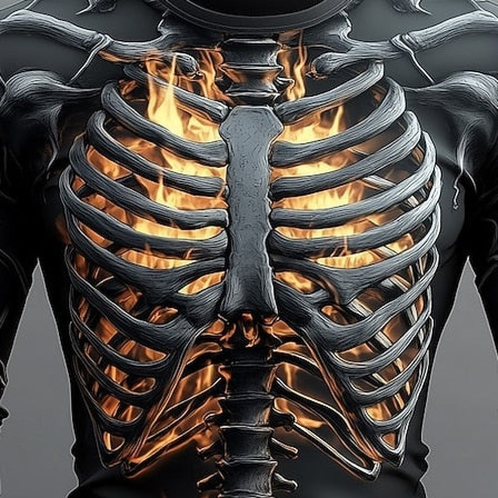 Worn long sleeve top with skeleton ribcage and flame print design | Chaps London