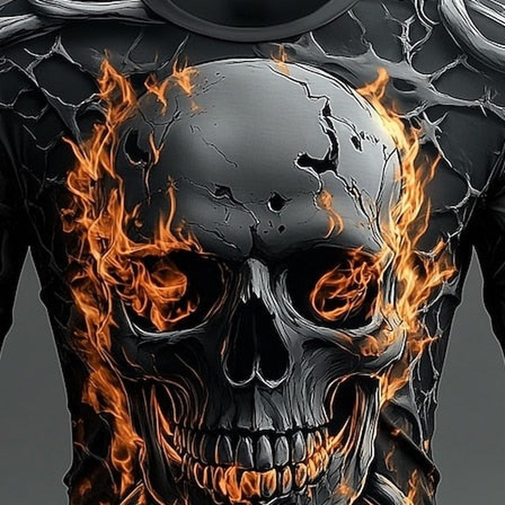 Long sleeve top with fiery skull print, worn by a person | Chaps London