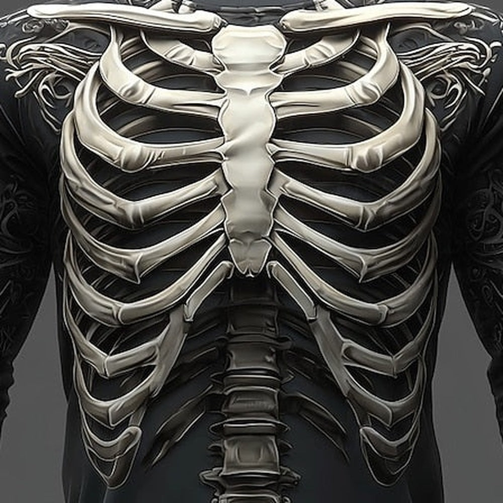 Skeleton ribcage print long sleeve top worn by person, close-up torso view | Chaps London