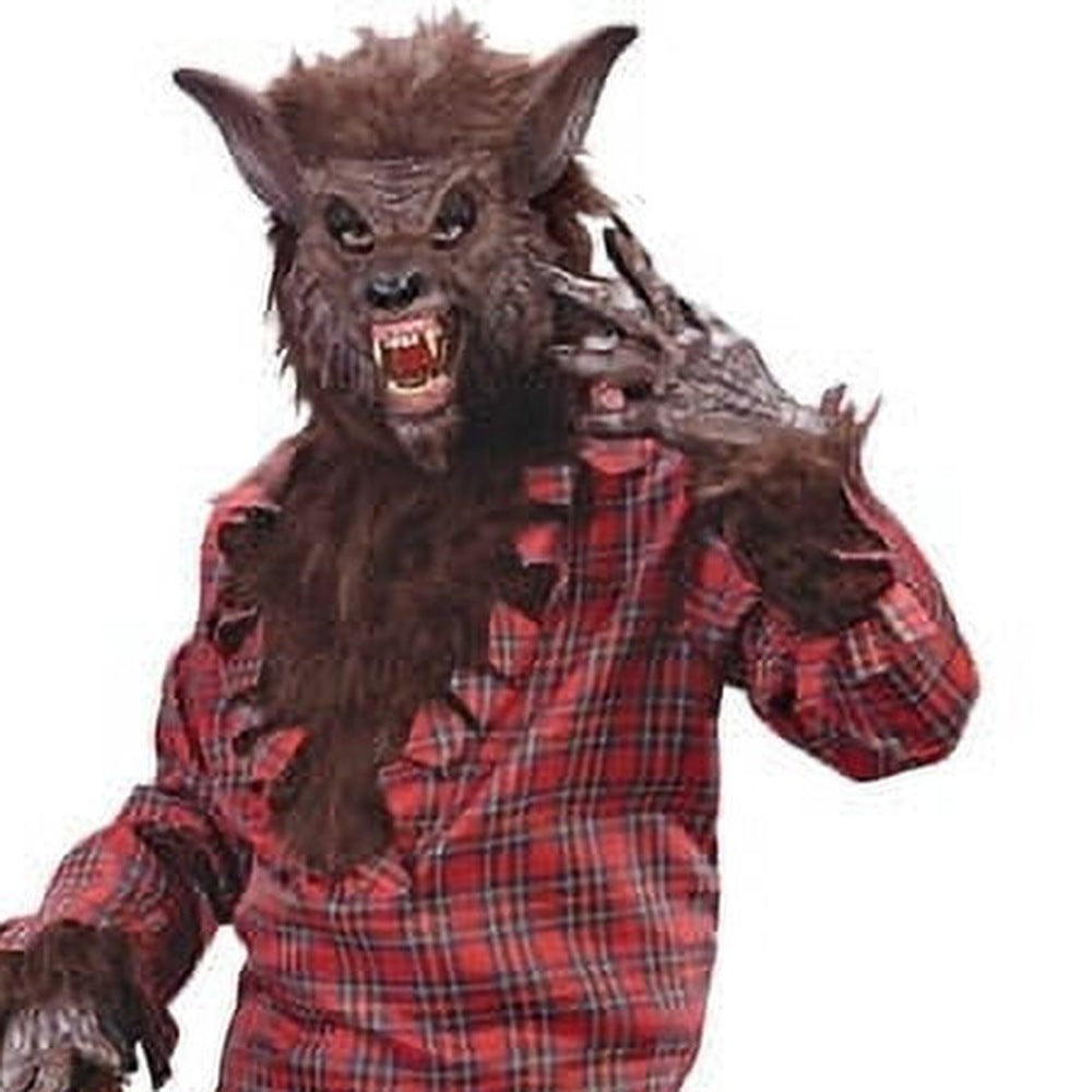 Man wearing werewolf mask, red plaid shirt, and furry claw gloves | Chaps London