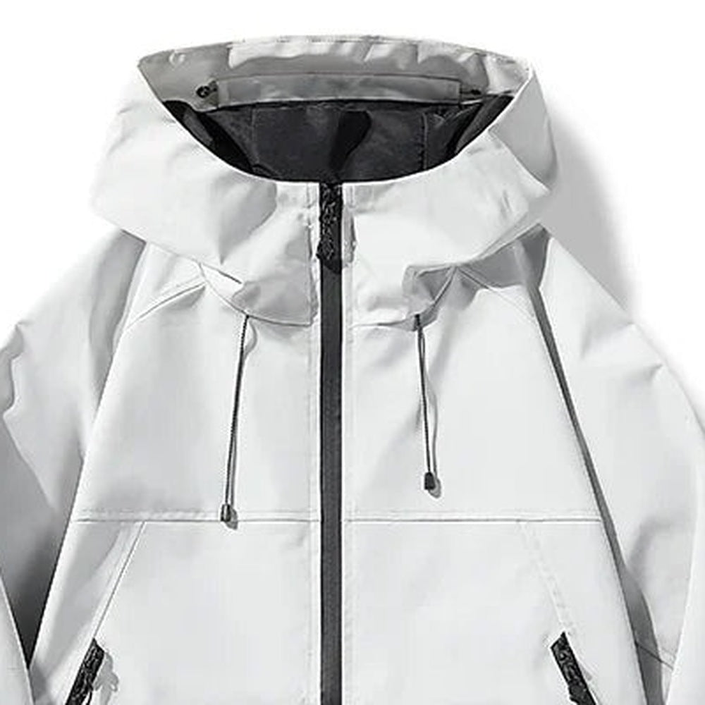 White waterproof hooded jacket with zip closure, close-up flat lay view | Chaps London