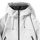 White waterproof hooded jacket with zip closure, close-up flat lay view | Chaps London