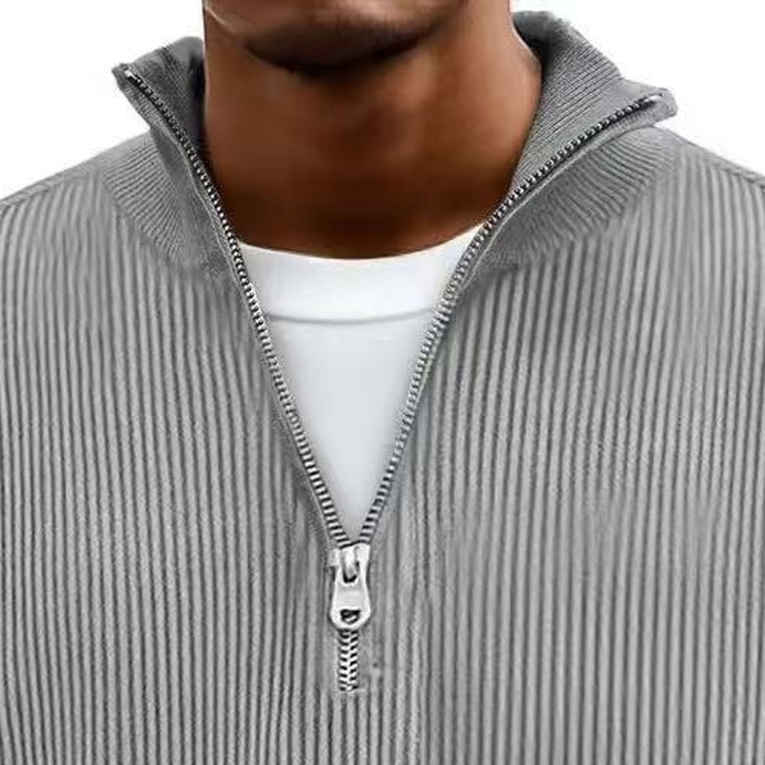 Gray ribbed half-zip jumper worn by man, white t-shirt underneath | Chaps London