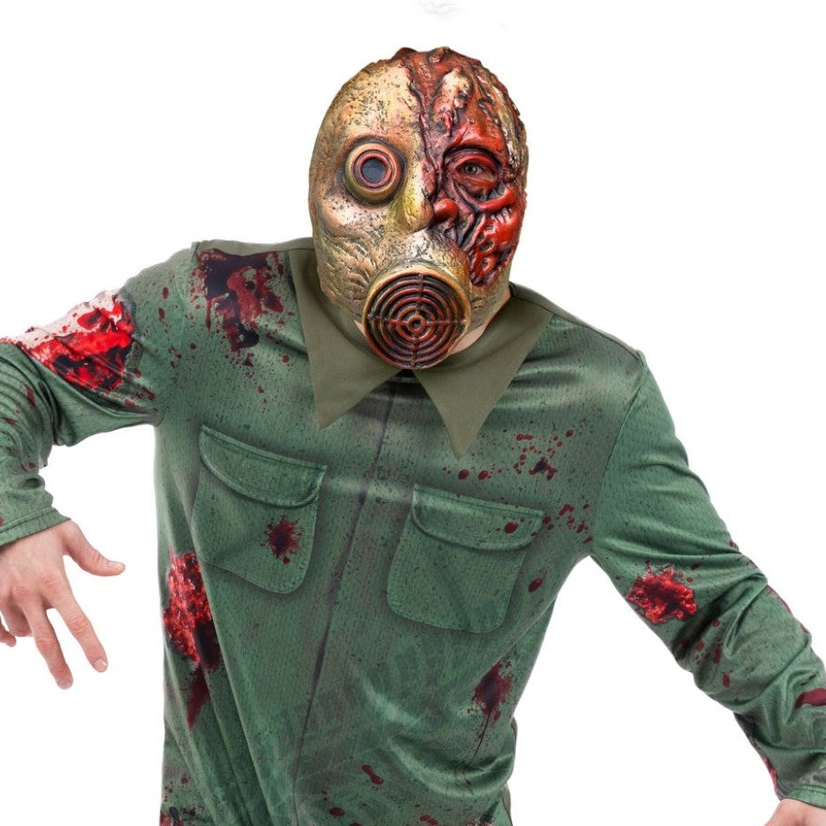 Man wearing blood-splattered green jumpsuit with gas mask zombie mask | Chaps London
