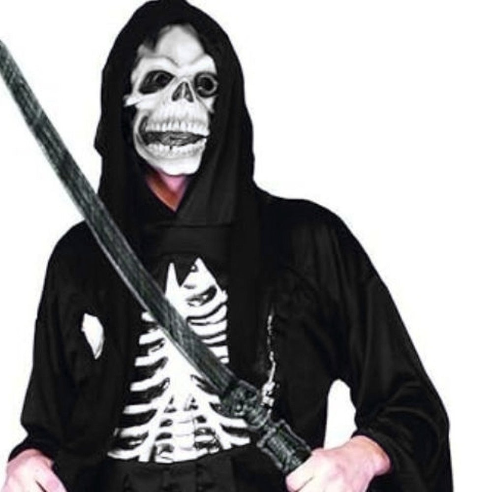Man wearing black hooded robe with skeleton mask and ribcage shirt, holding sword | Chaps London