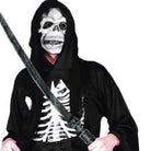 Man wearing black hooded robe with skeleton mask and ribcage shirt, holding sword | Chaps London