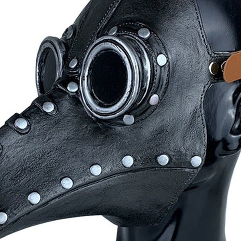 Black riveted plague doctor mask with round goggle eyes on mannequin | Chaps London