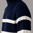 Navy ribbed knit half-zip sweater with white stripe, worn by person | Chaps London
