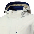 White hooded jacket with navy collar, close-up on mannequin, collar fastened | Chaps London