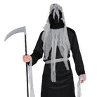 Man wearing black robe with gray hooded rag mask holding scythe | Chaps London