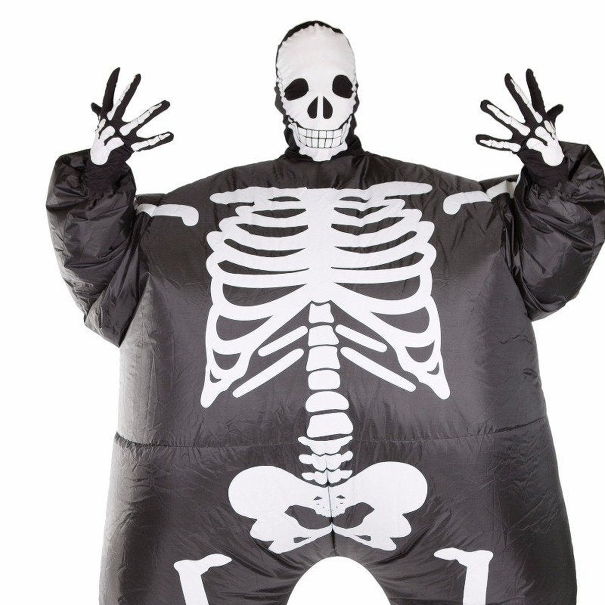 Black and white inflatable skeleton costume worn by a person, hands raised | Chaps London