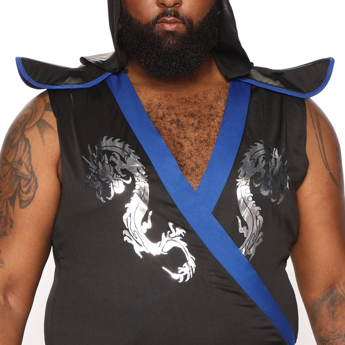 Black hooded tunic with blue trim and dragon print, worn by man | Chaps London