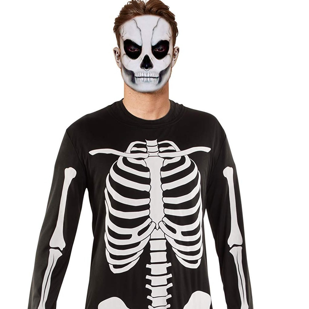 Man wearing black skeleton print jumpsuit with white skull face paint | Chaps London