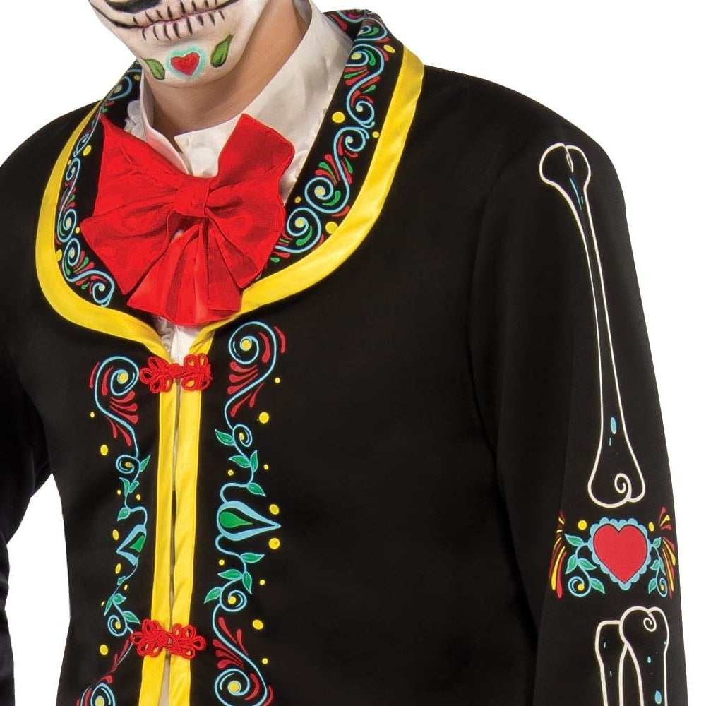 Worn Day of the Dead jacket with red bow, skeleton embroidery, black fabric | Chaps London