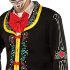 Worn Day of the Dead jacket with red bow, skeleton embroidery, black fabric | Chaps London