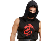 Man wearing black hooded ninja costume with red dragon print and mask | Chaps London