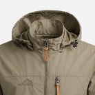 Khaki waterproof hooded jacket with zip pocket and adjustable drawstring hood | Chaps London
