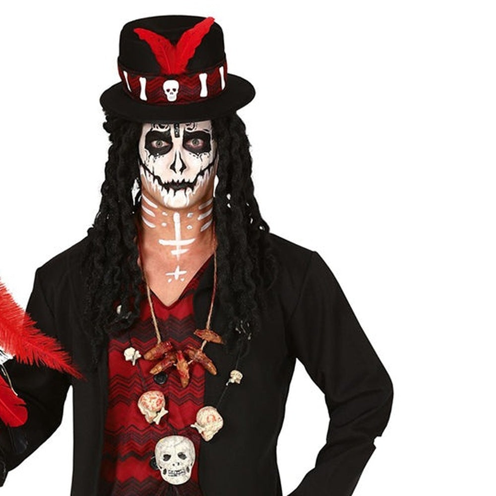 Man wearing witch doctor costume with skull face paint and feathered top hat | Chaps London