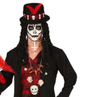 Man wearing witch doctor costume with skull face paint and feathered top hat | Chaps London