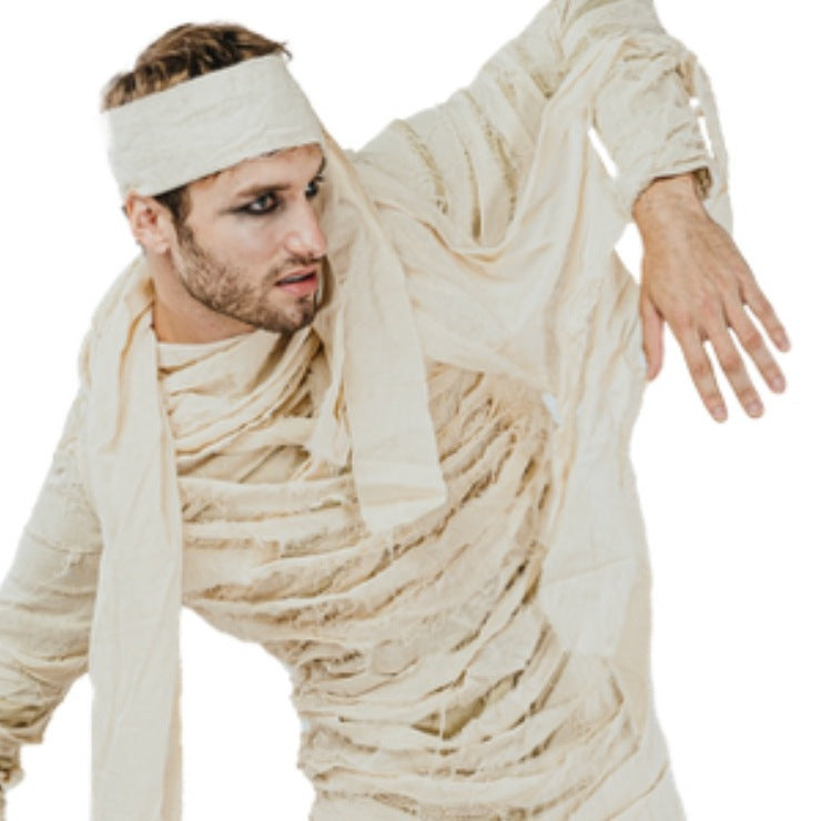 Man wearing beige mummy costume with frayed wraps and headband | Chaps London