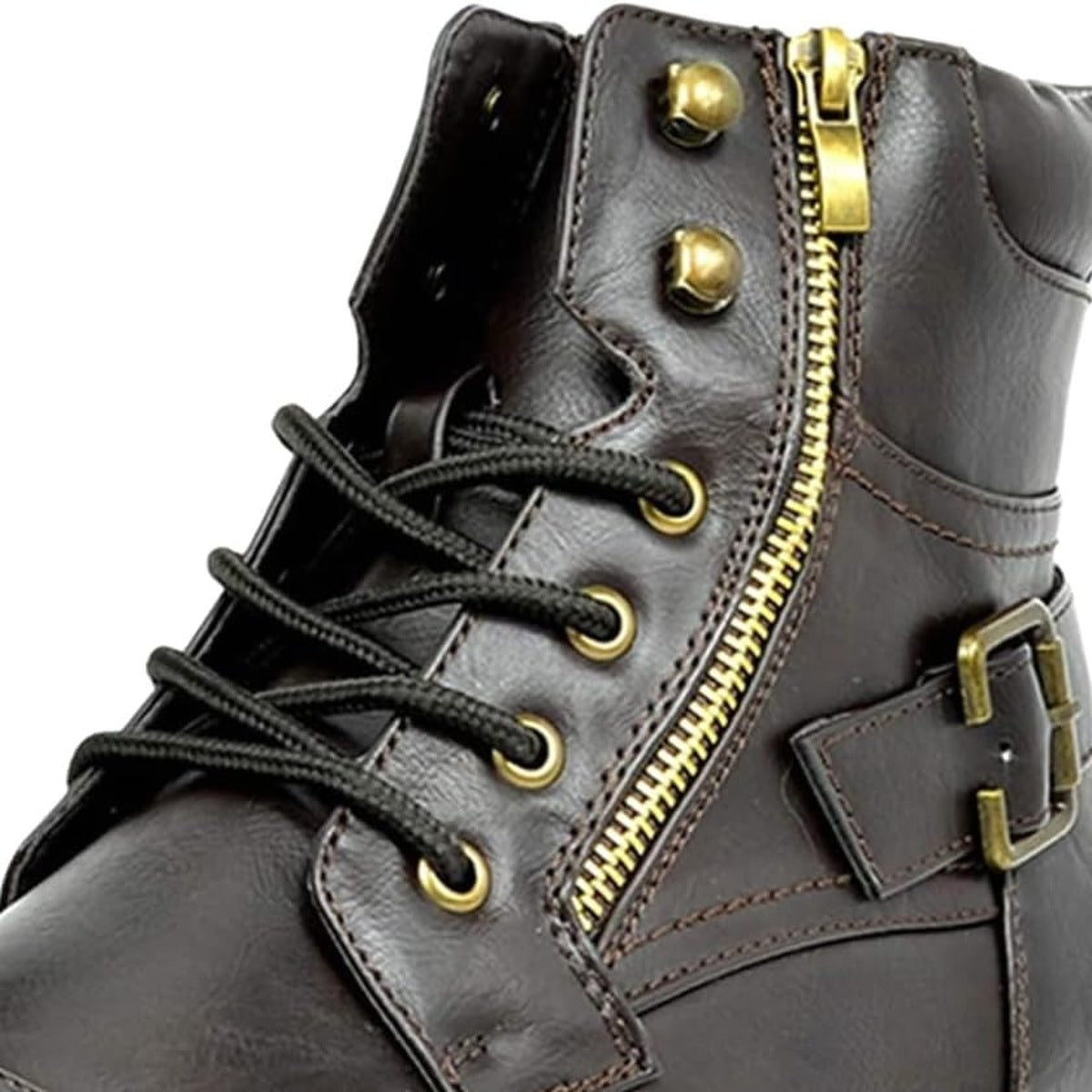 Brown leather boot closeup with brass zipper, buckle strap, and laces | Chaps London