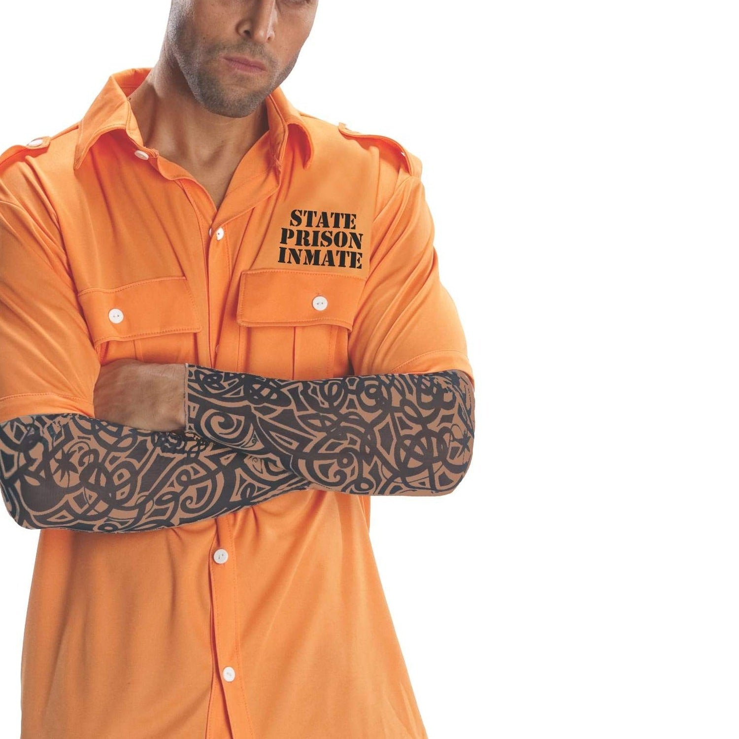 Man wearing orange prisoner costume shirt with tattoo sleeve on arm | Chaps London