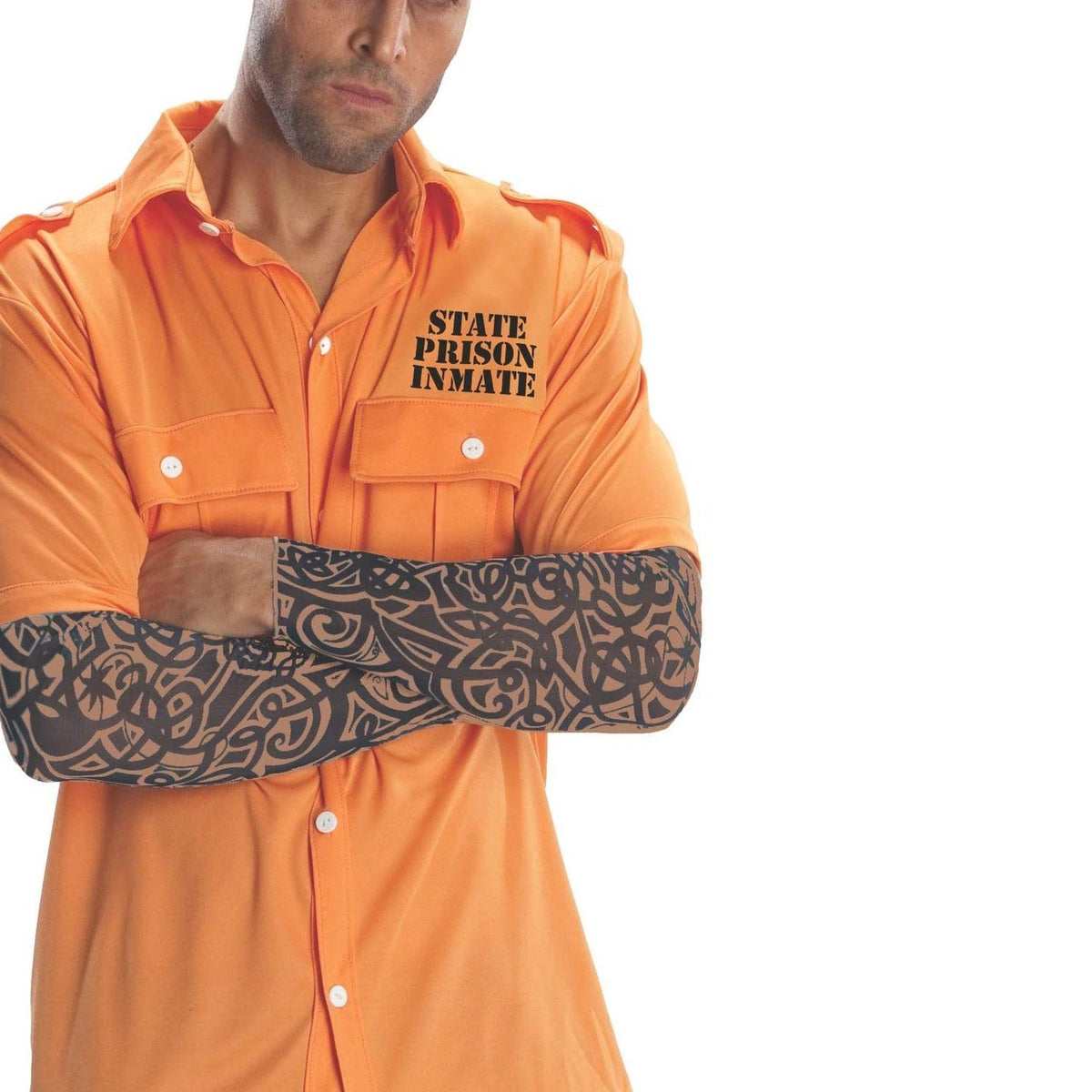 Man wearing orange prisoner costume shirt with tattoo sleeve on arm | Chaps London