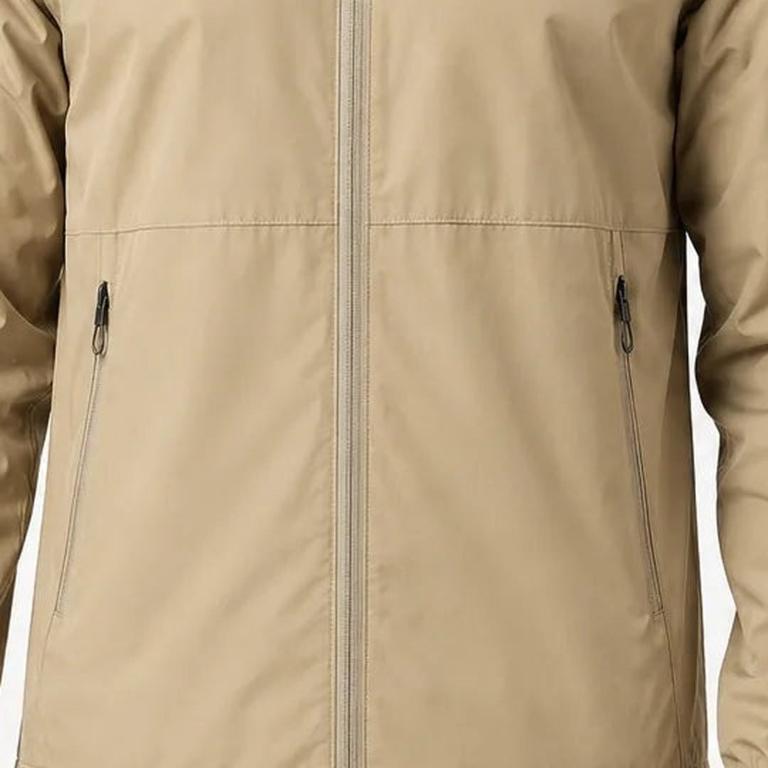 Beige rain jacket close-up showing zip pockets and stitched front seam, worn by person | Chaps London