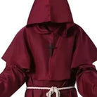 Burgundy hooded monk robe with cross necklace and rope belt, worn by model | Chaps London