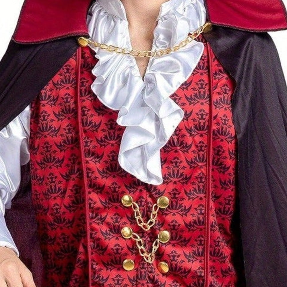 Red damask vest with white ruffle shirt and black cape, worn by model | Chaps London