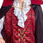 Red damask vest with white ruffle shirt and black cape, worn by model | Chaps London