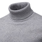 Gray ribbed turtleneck sweater close-up, fine knit fabric, worn by person | Chaps London