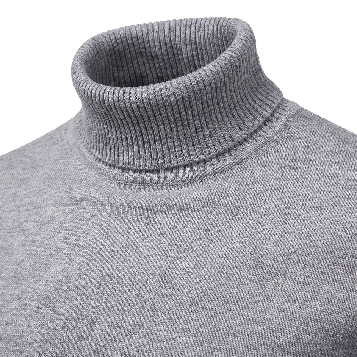 Gray ribbed turtleneck sweater close-up, fine knit fabric, worn by person | Chaps London