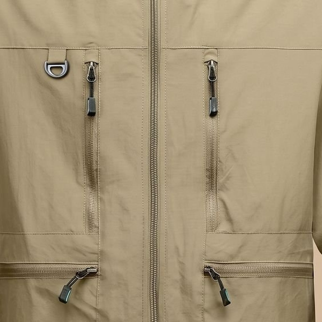 Khaki waterproof jacket closeup showing zippered pockets and metal zipper pulls | Chaps London