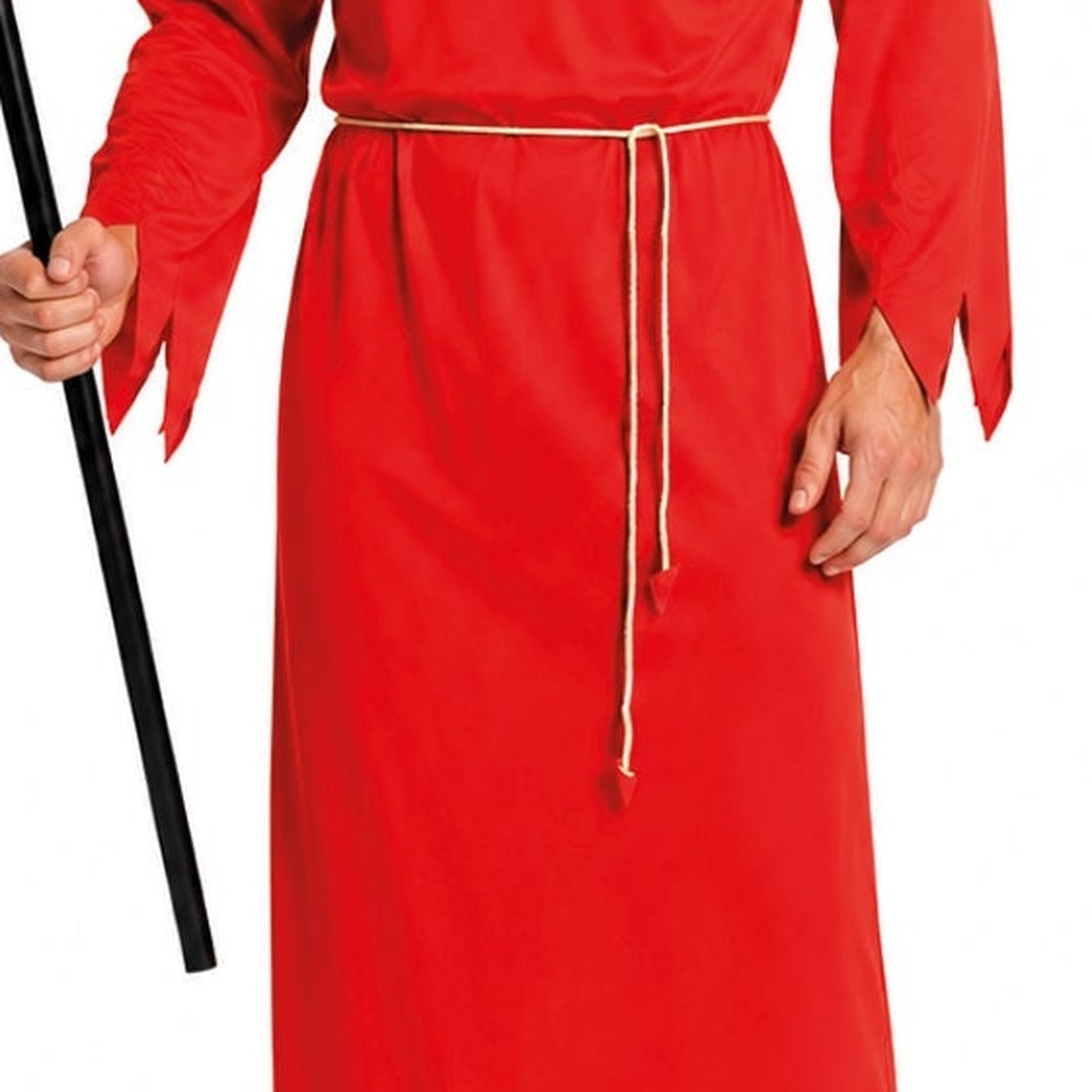 Red hooded robe costume with rope belt, worn by person, holding staff | Chaps London