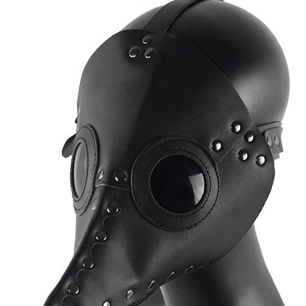 Black faux leather plague doctor mask with round goggles on mannequin | Chaps London