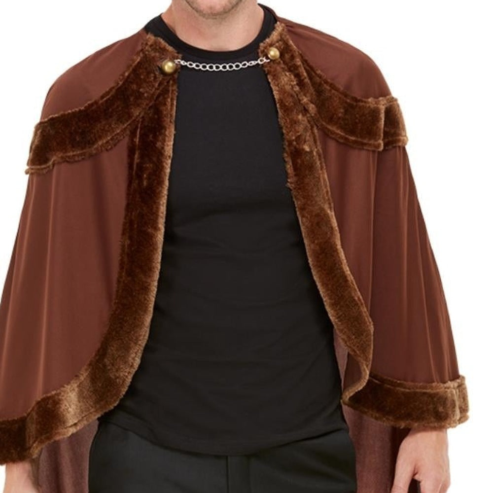 Brown faux fur trimmed cape worn by a man, chain closure | Chaps London