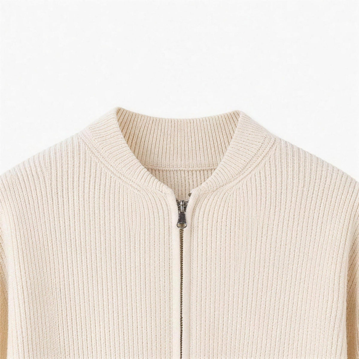 Cream ribbed knit cardigan with stand collar, zipper close-up, worn by person | Chaps London