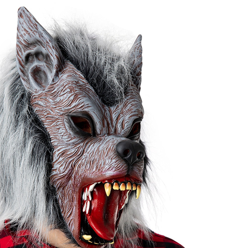Grey werewolf mask with open mouth and fangs, worn by person | Chaps London