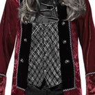 Burgundy velvet Dracula coat with diamond-patterned vest, worn by model, gray wig visible | Chaps London