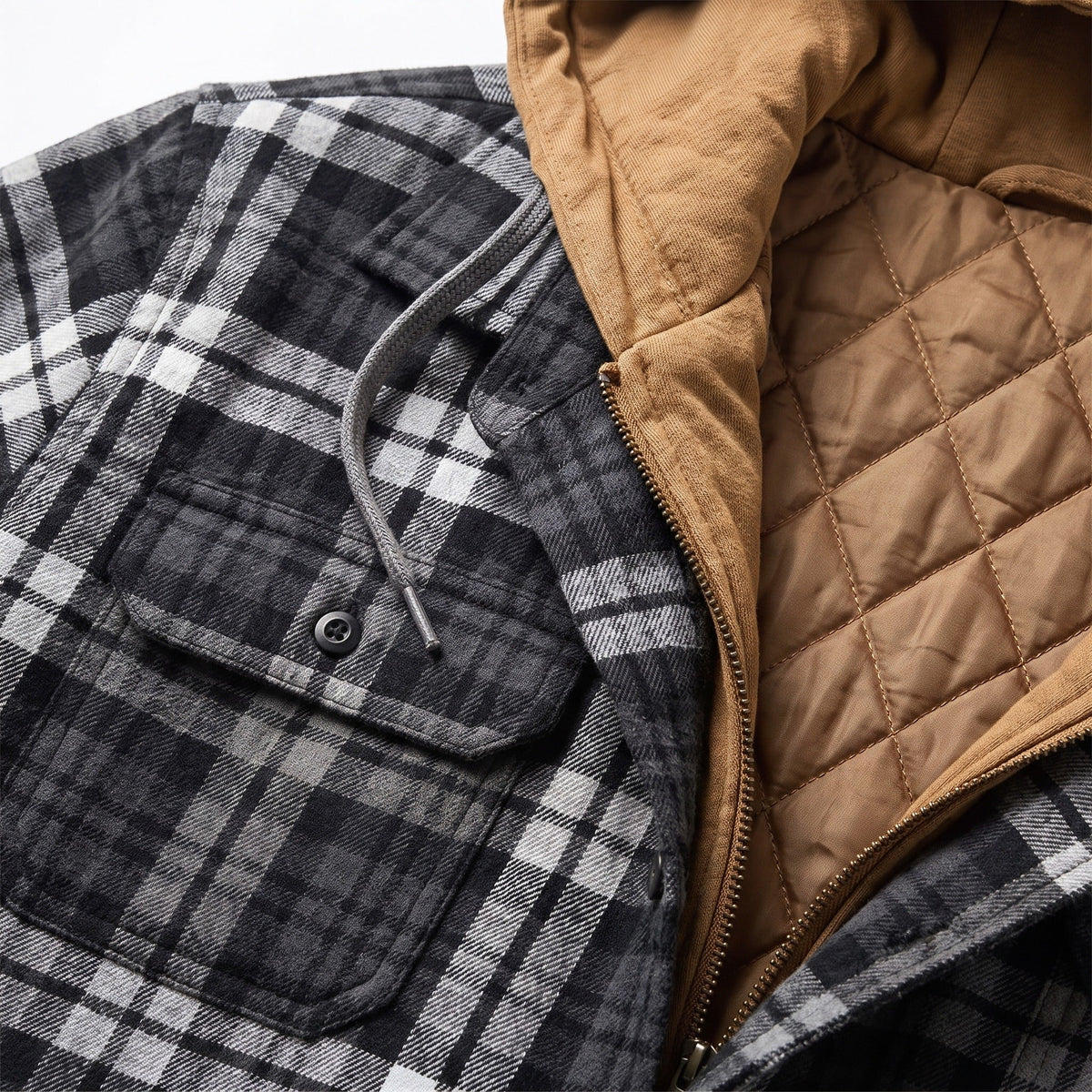 Black and white plaid shirt jacket with tan quilted lining, flat lay closeup | Chaps London