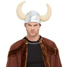 Man wearing silver horned Viking helmet with brown faux fur cape | Chaps London