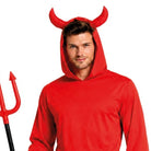Man wearing red devil costume with hood, horns, and trident prop | Chaps London