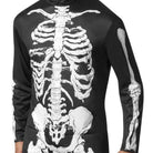 Black jumpsuit with white bone print, worn by a person, close-up view | Chaps London