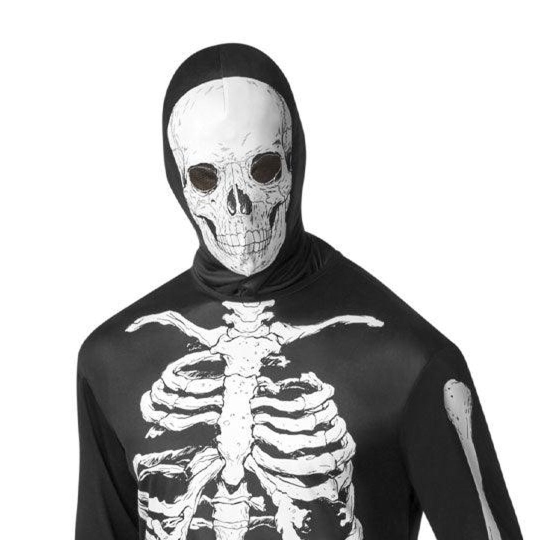 Black skeleton jumpsuit with hood and bone print, worn by model | Chaps London